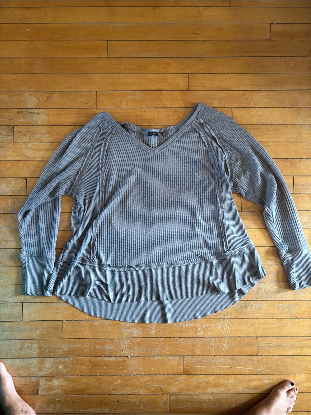 EUC Black Tape_ Ribbed V-Neck Long Sleeve Top distressed raw hem